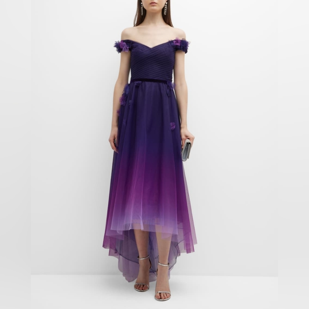 Marchesa Notte Elegant Tulle Floral Purple Ombre Off-Shoulder Dress